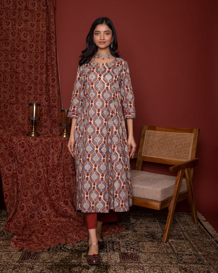 Rust Cotton A-Line Kurta For Women's