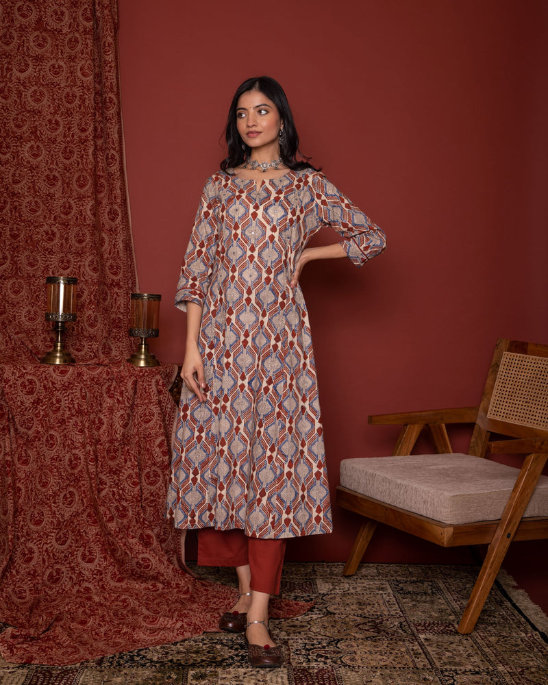 Rust Cotton A-Line Kurta For Women's