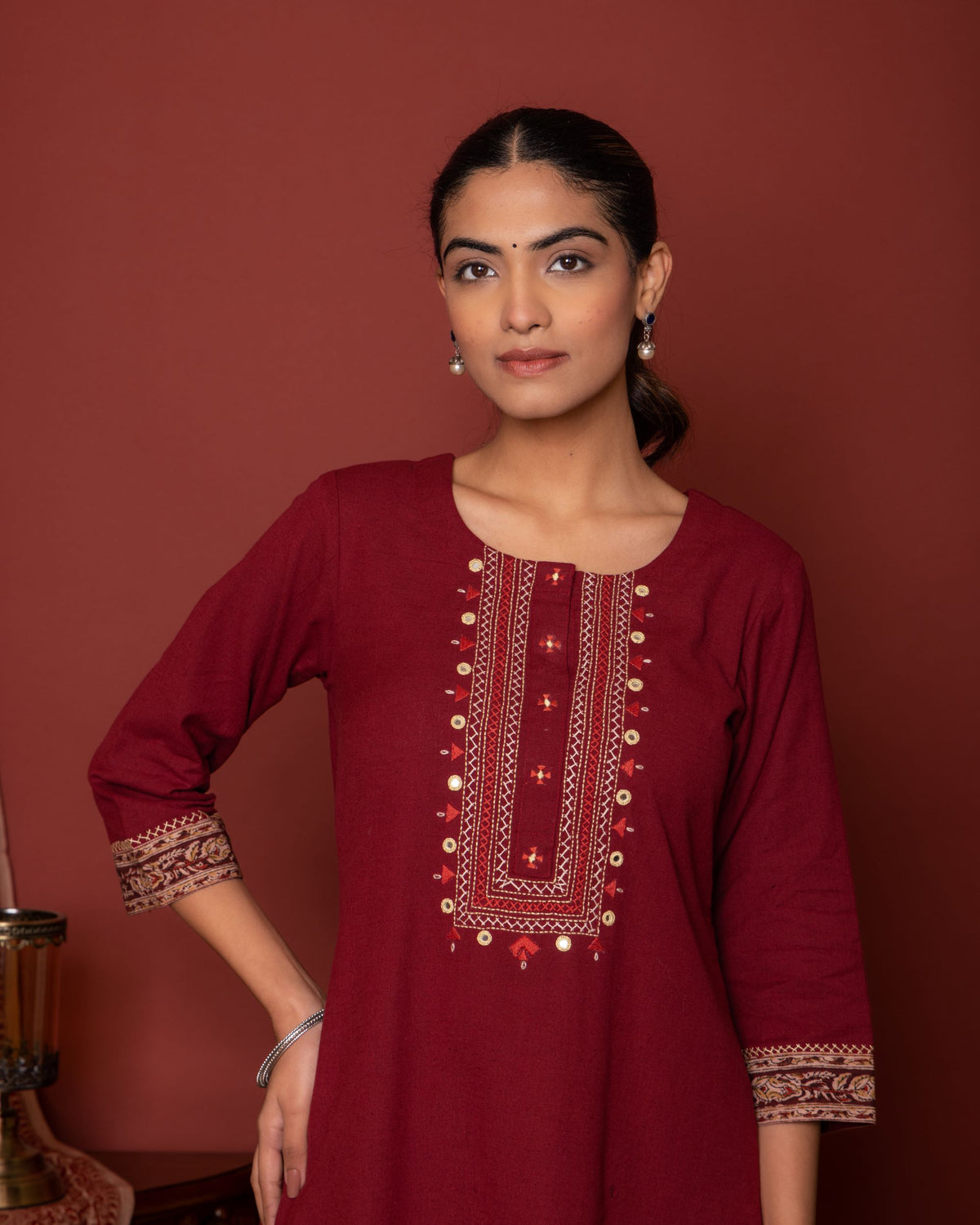MAROON KURTA- FLAX  &  PANT- COTTON  SLEEVES KAMALKARI BORDERS KURTA PANT SET