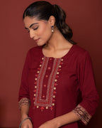 MAROON KURTA- FLAX  &  PANT- COTTON  SLEEVES KAMALKARI BORDERS KURTA PANT SET