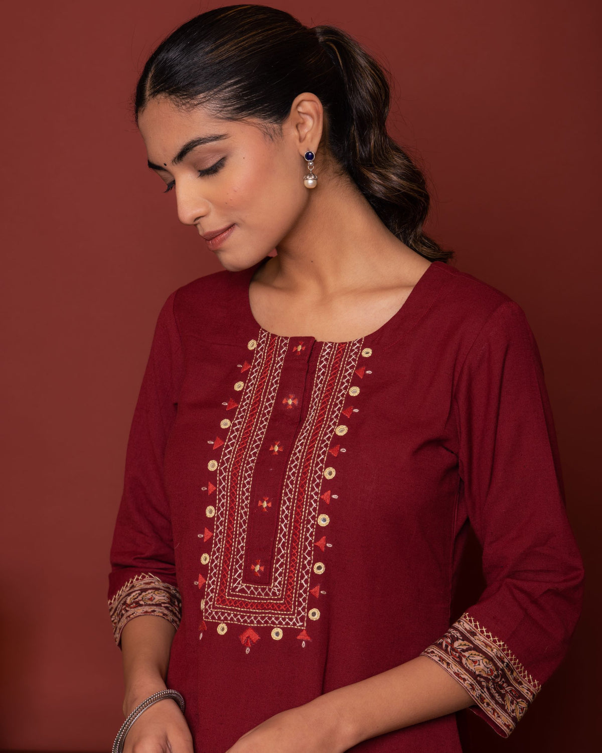 MAROON KURTA- FLAX  &  PANT- COTTON  SLEEVES KAMALKARI BORDERS KURTA PANT SET