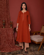 Rust Cotton Kurta Pant Set For Women's