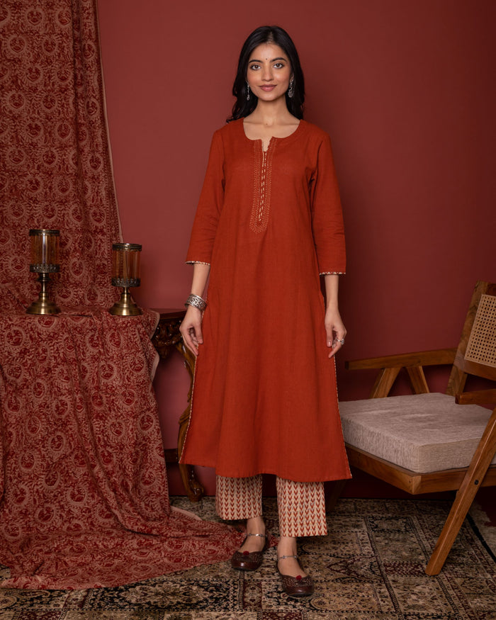 Rust Cotton Kurta Pant Set For Women's