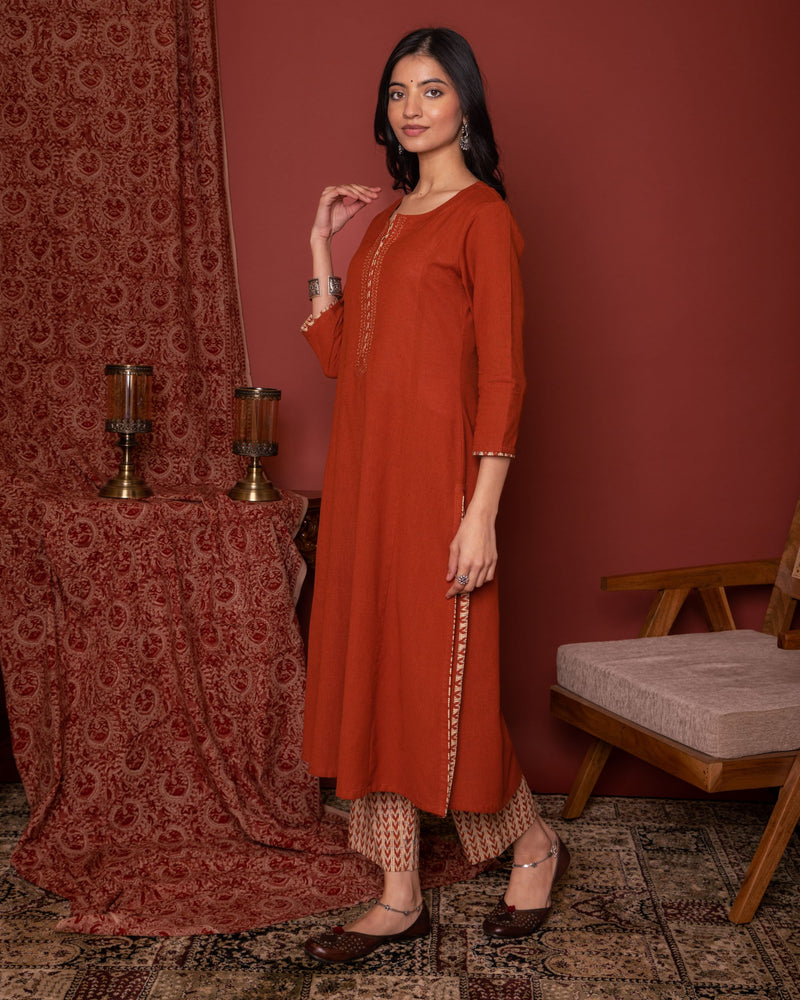 Rust Cotton Kurta Pant Set For Women's