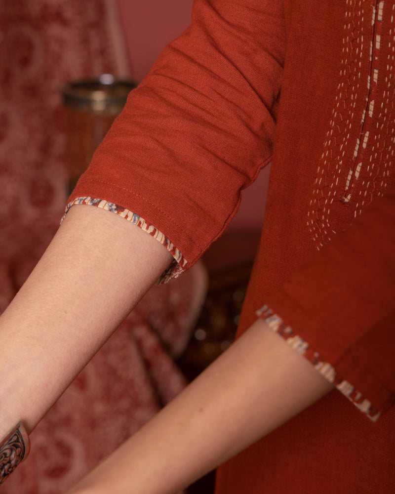 Rust Cotton Kurta Pant Set For Women's