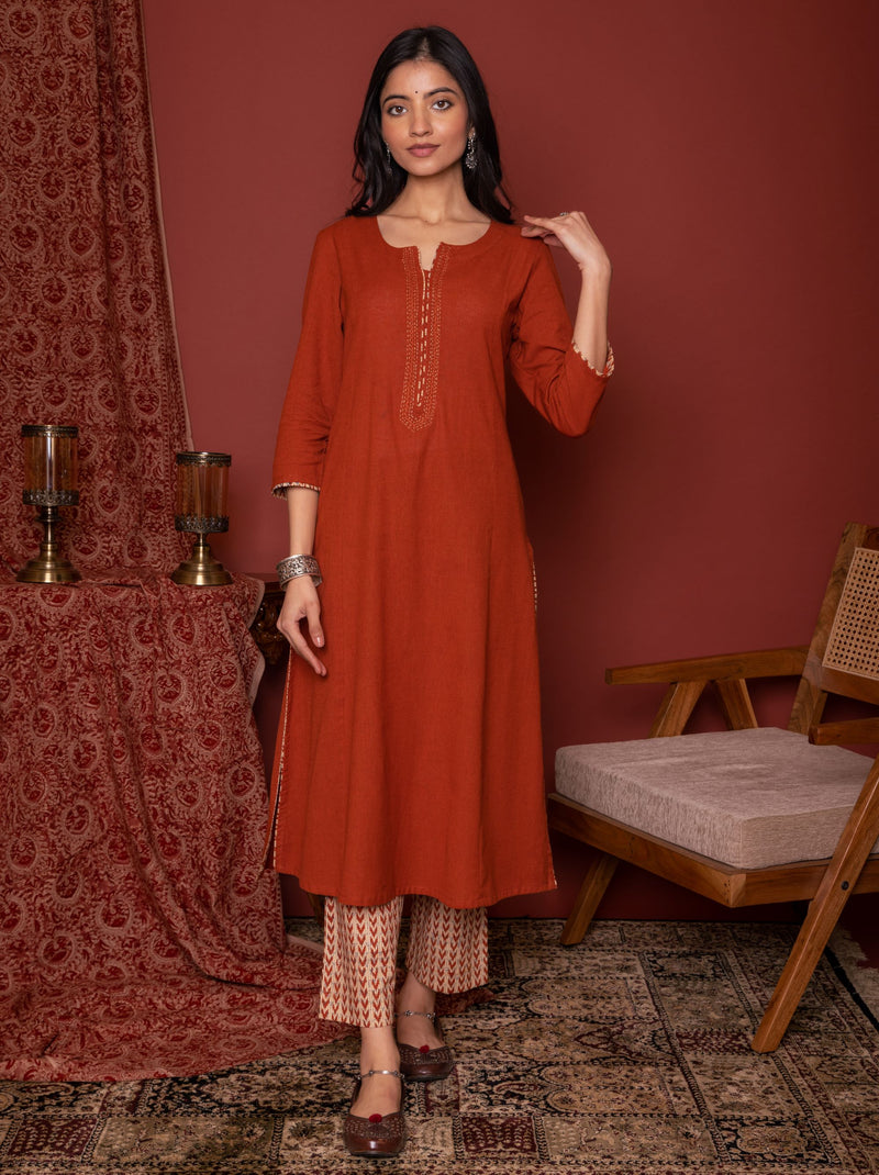 Rust Cotton Kurta Pant Set For Women's