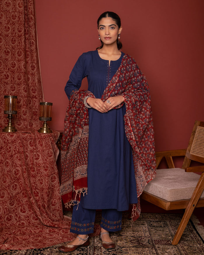 BLUE KURTA-HANDLOOM COTTON & DUPATTA-KOTA DORIYA FULL SET