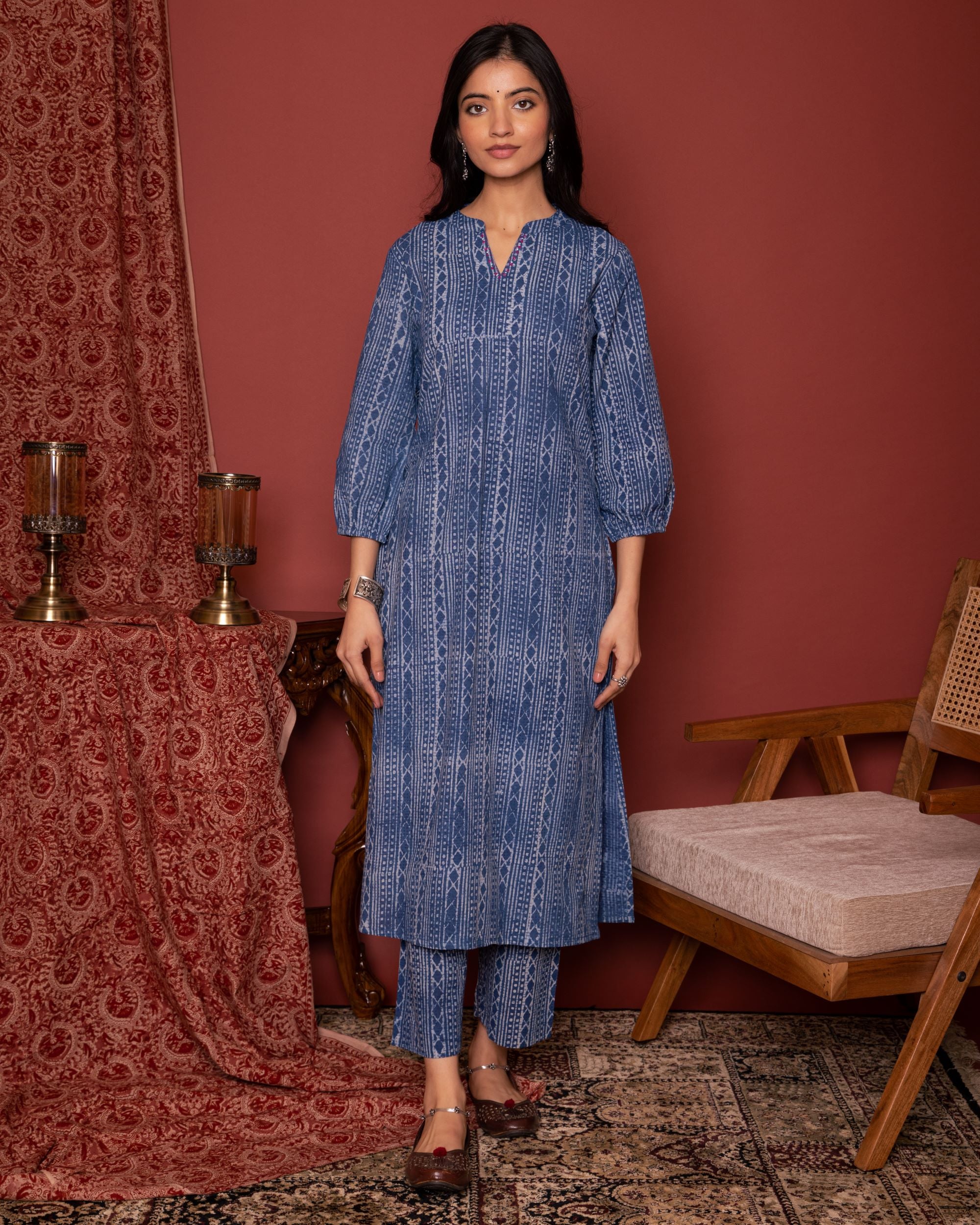 INDIGO COTTON COLLAR NECK HANDLOOM MOTI AND KATHA  WORK KURTA PANT SET
