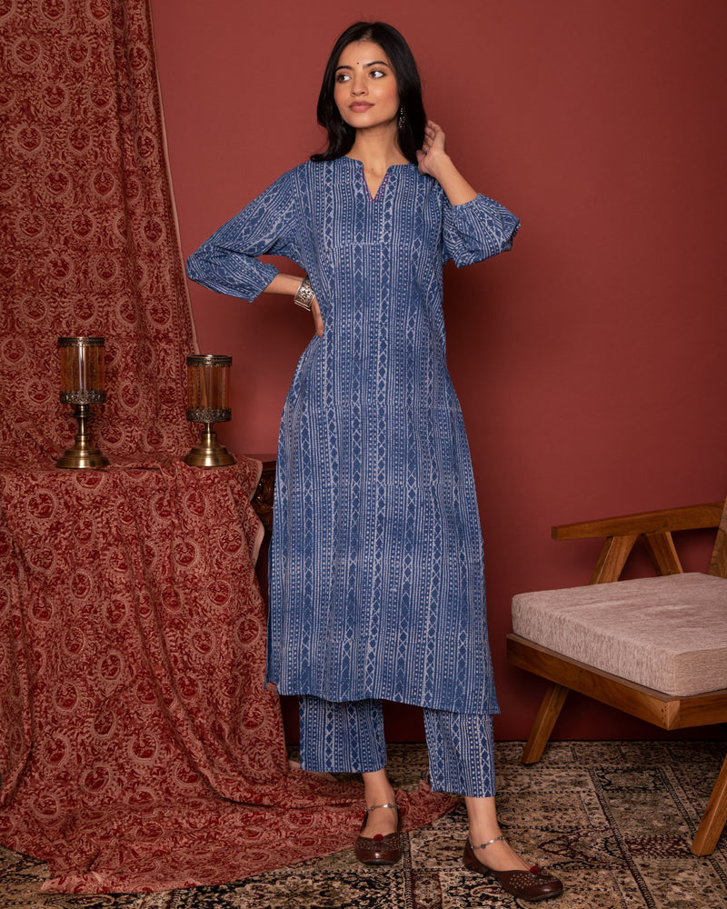 INDIGO COTTON COLLAR NECK HANDLOOM MOTI AND KATHA  WORK KURTA PANT SET