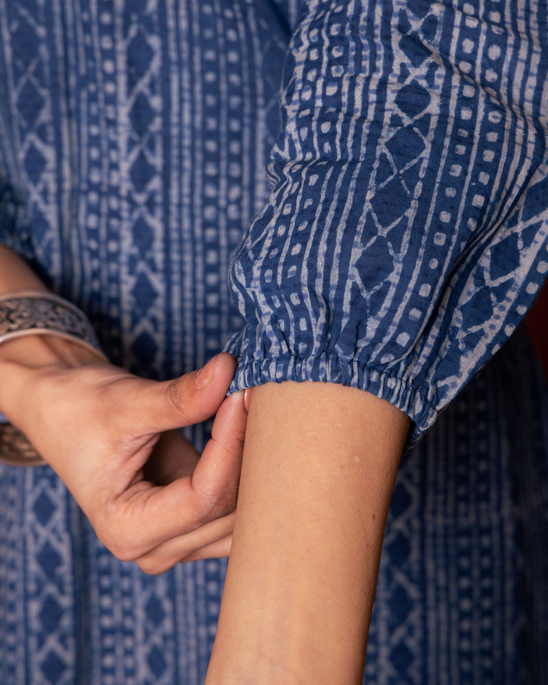 INDIGO COTTON COLLAR NECK HANDLOOM MOTI AND KATHA  WORK KURTA PANT SET