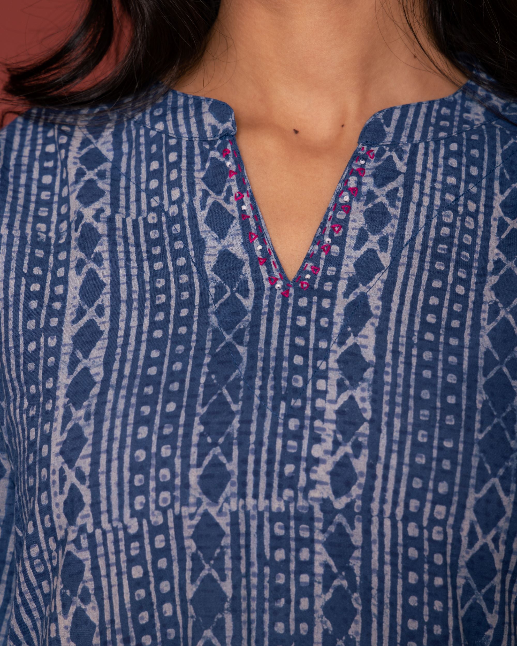 INDIGO COTTON COLLAR NECK HANDLOOM MOTI AND KATHA  WORK KURTA PANT SET