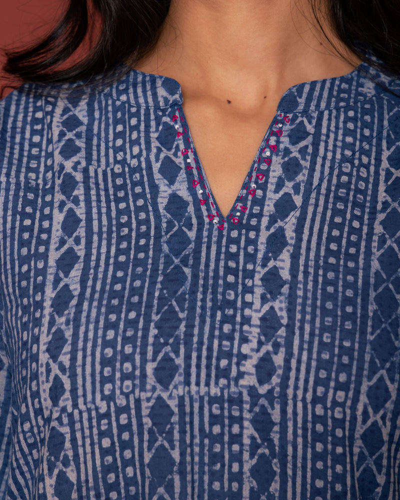 INDIGO COTTON COLLAR NECK HANDLOOM MOTI AND KATHA  WORK KURTA PANT SET