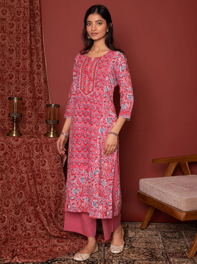 Pink Cotton Handblock Printed Kurta For Women's