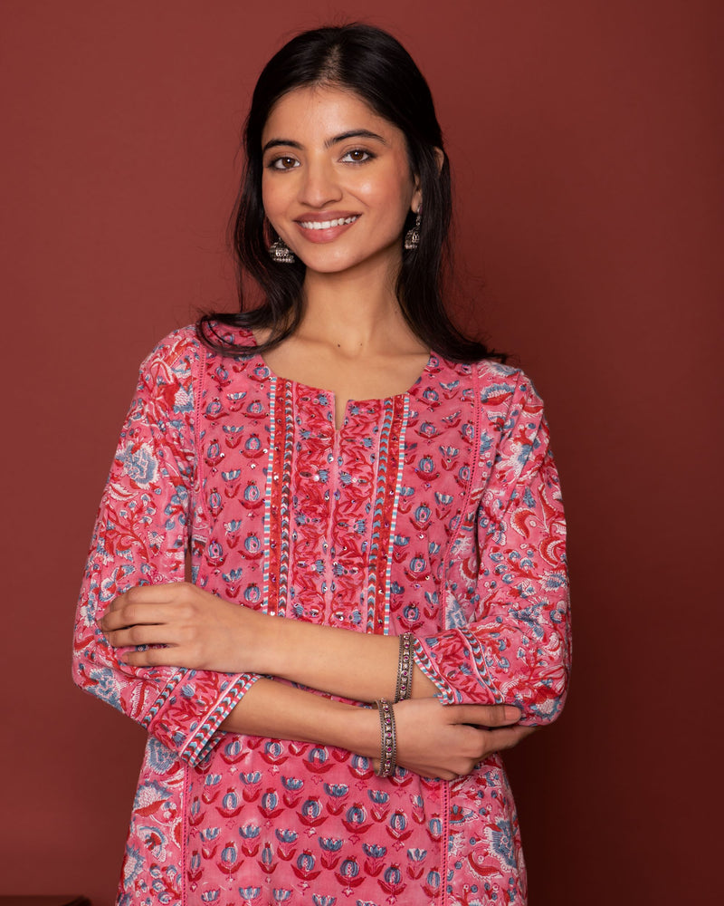 Pink Cotton Handblock Printed Kurta For Women's