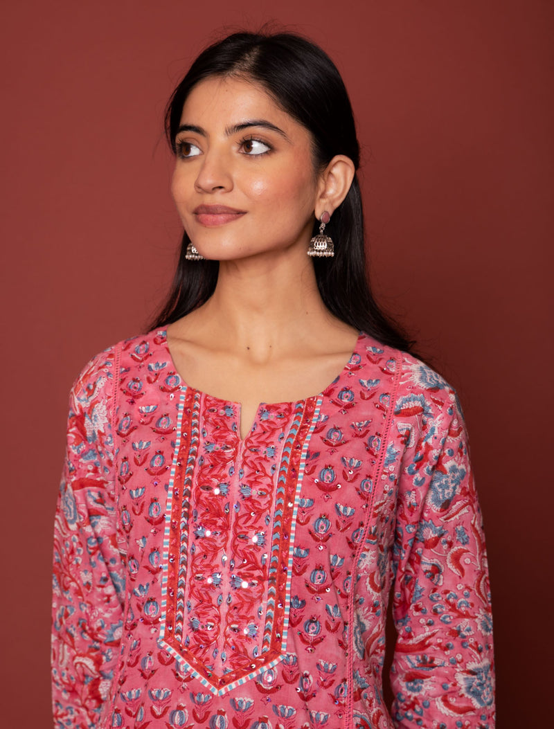 Pink Cotton Handblock Printed Kurta For Women's