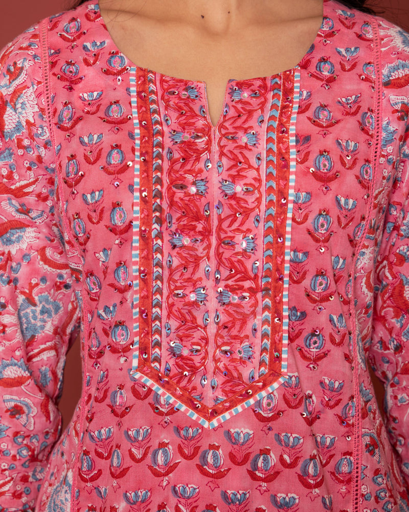 Pink Cotton Handblock Printed Kurta For Women's