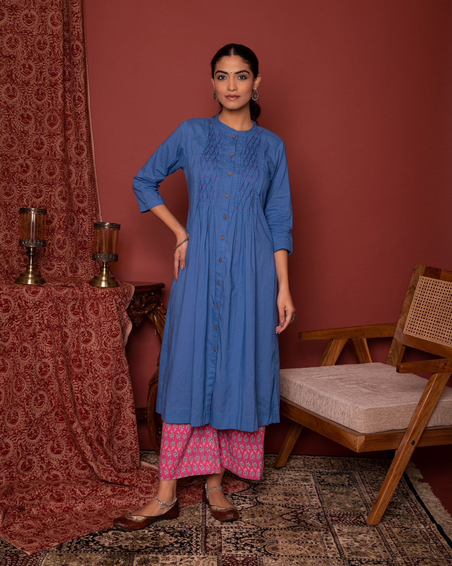 Blue - Pink COLLAR COTTON KURTA-PANT SET