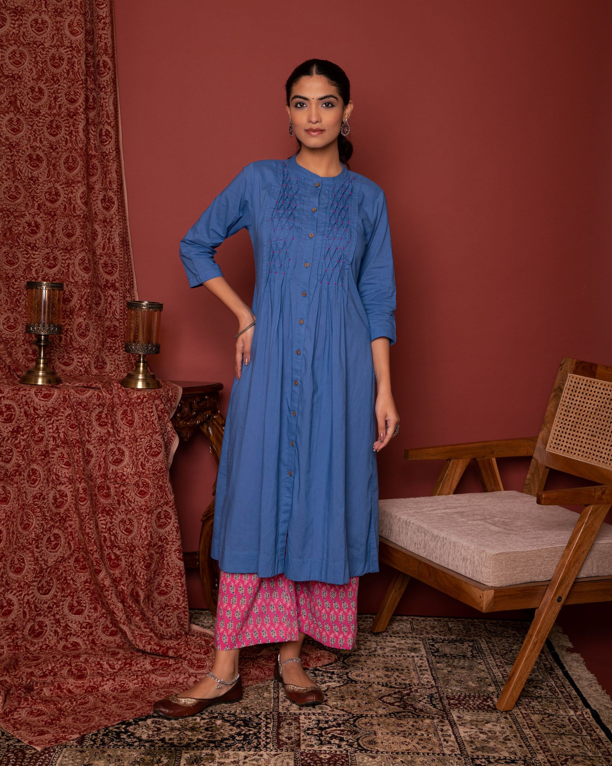 Blue - Pink COLLAR COTTON KURTA-PANT SET