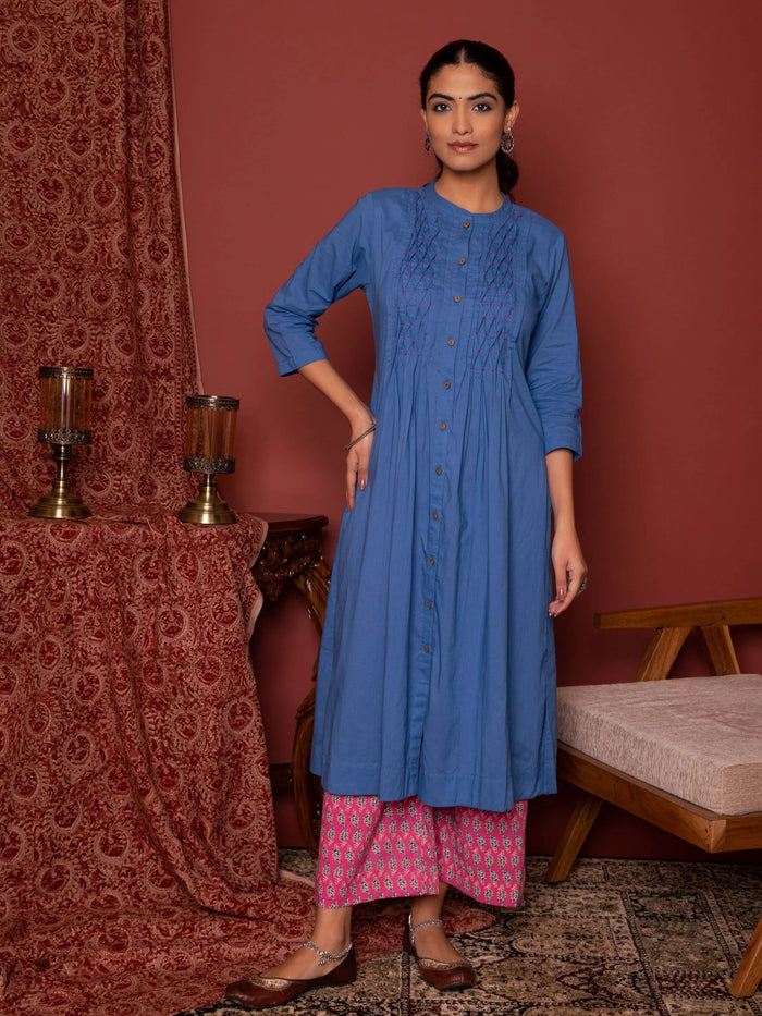 Blue - Pink COLLAR COTTON KURTA-PANT SET