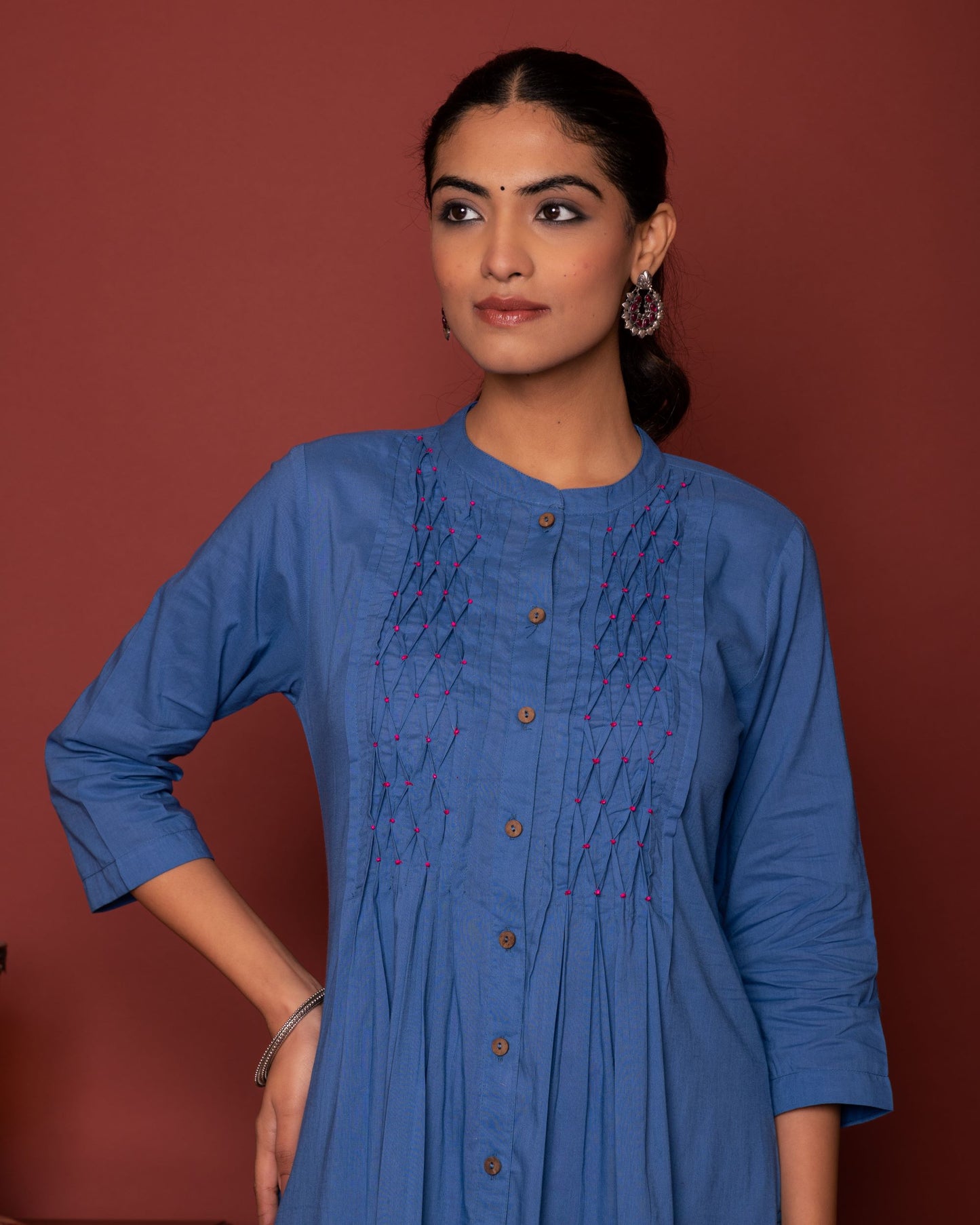 Blue - Pink COLLAR COTTON KURTA-PANT SET