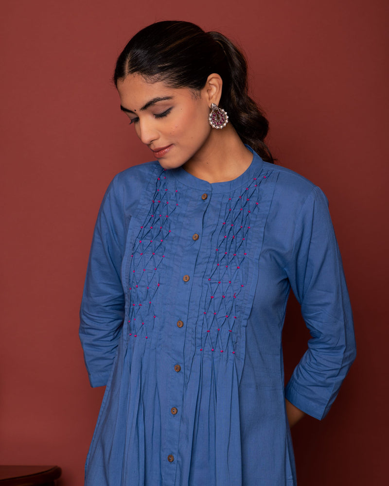Blue - Pink COLLAR COTTON KURTA-PANT SET