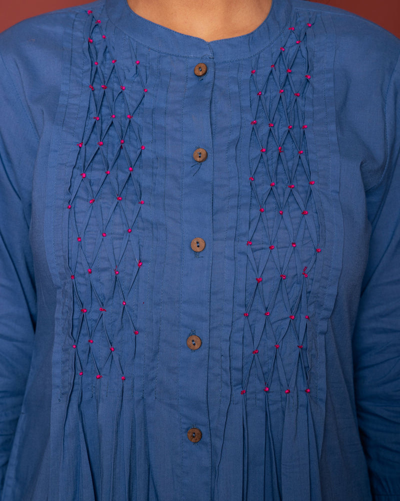 Blue - Pink COLLAR COTTON KURTA-PANT SET