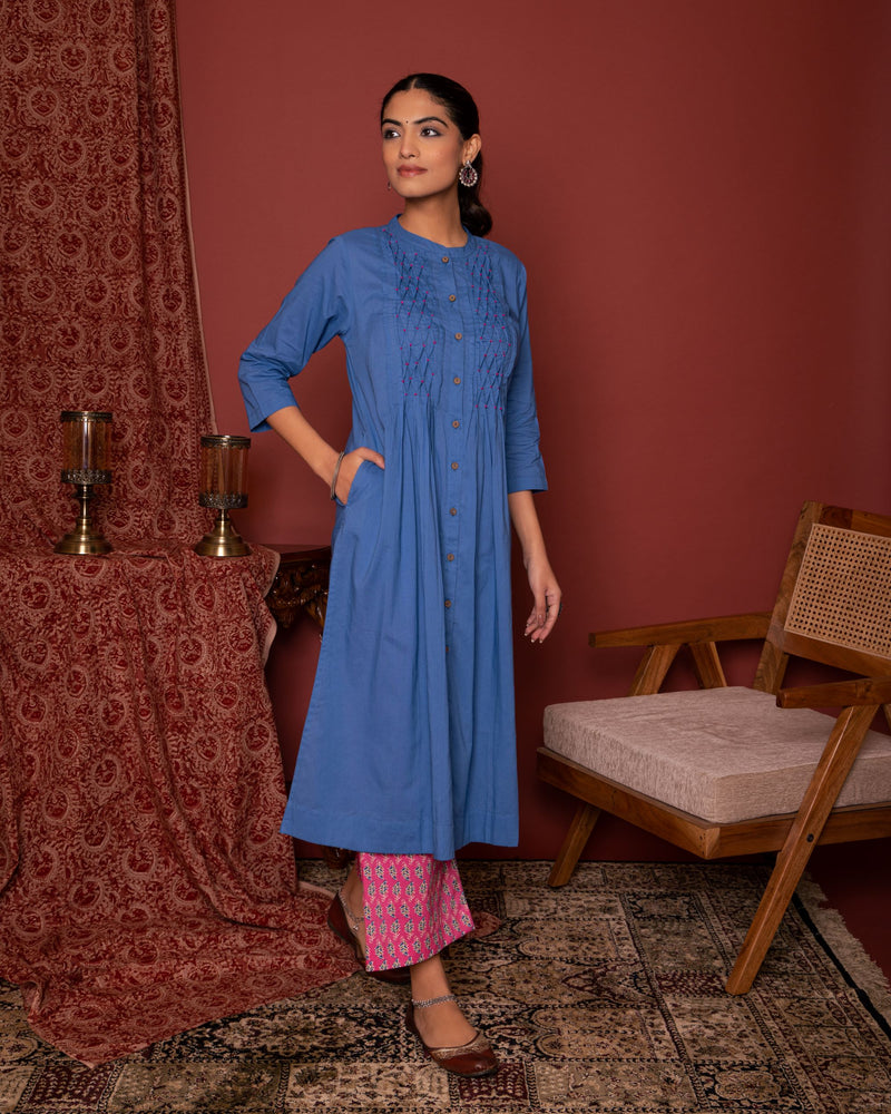Blue - Pink COLLAR COTTON KURTA-PANT SET