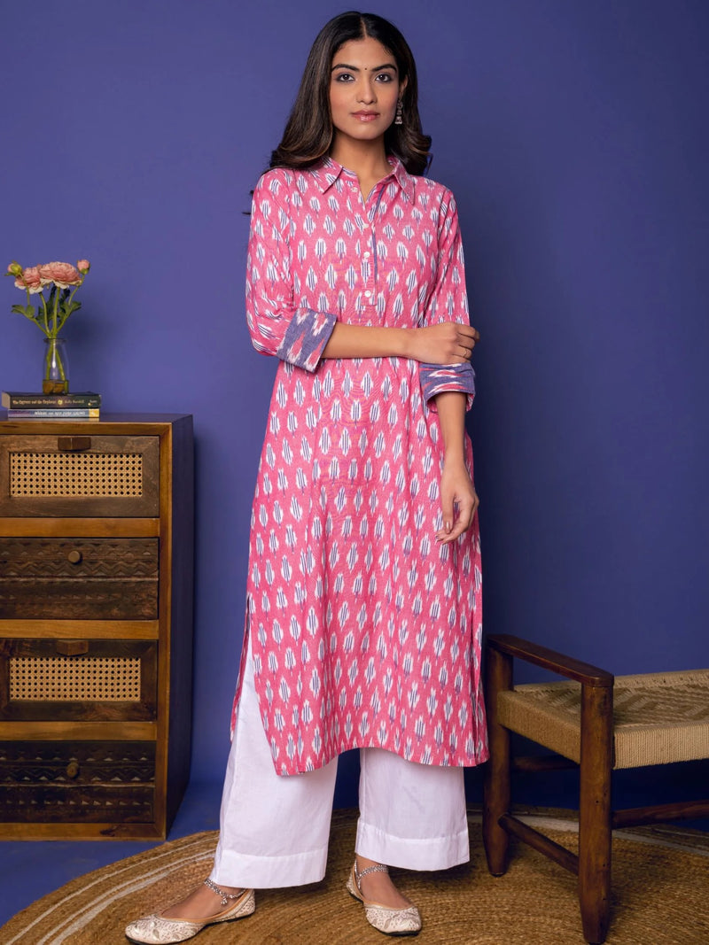 Pink Ikkat Print Collar Neck Kurta For Women's