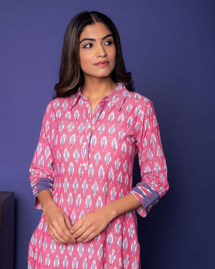 Pink Ikkat Print Collar Neck Kurta For Women's