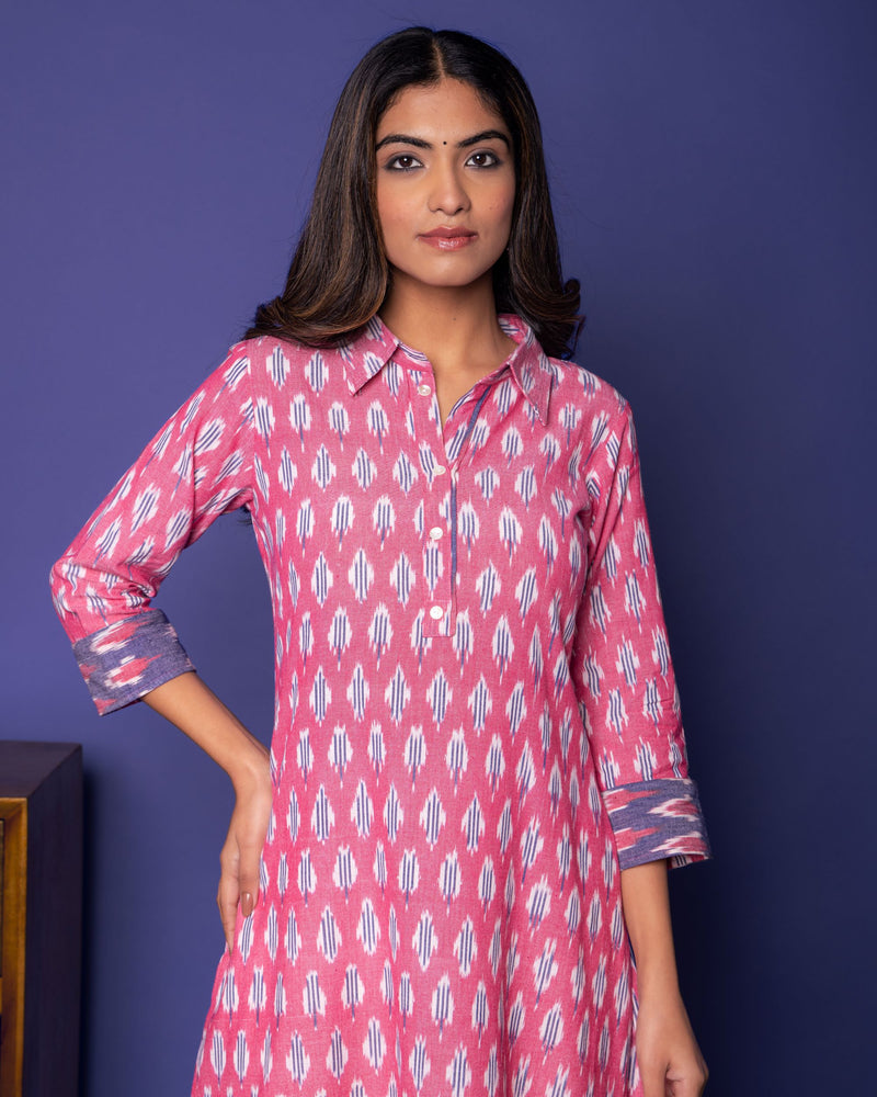 Pink Ikkat Print Collar Neck Kurta For Women's