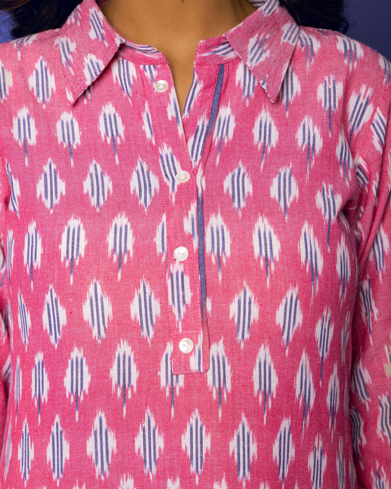 Pink Ikkat Print Collar Neck Kurta For Women's