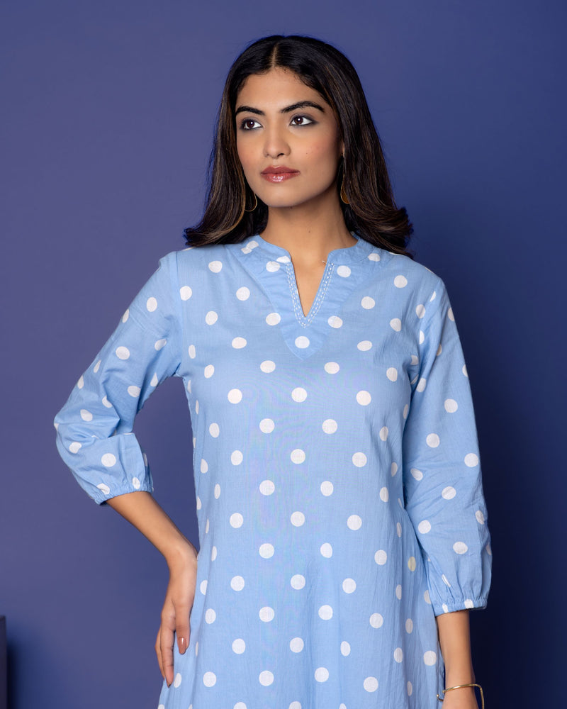 BLUE COTTON COLLAR NECK WITH POLKA PRINT KURTA PANT SET