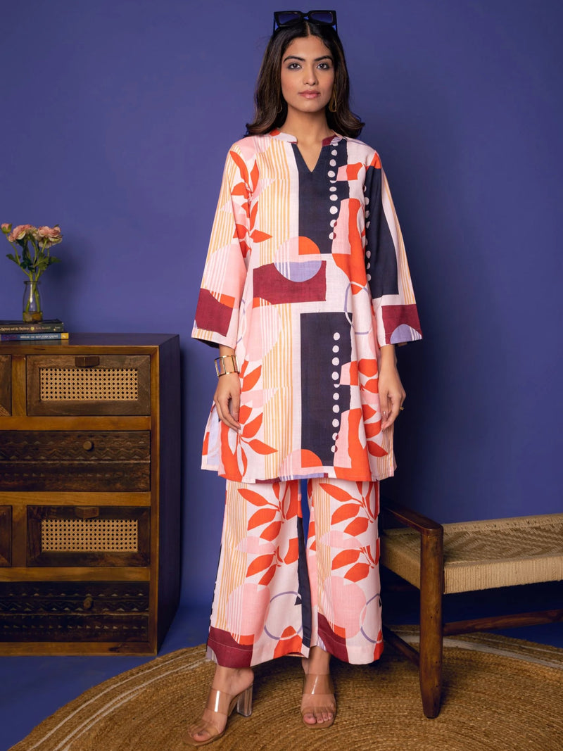 Multicolored Linen Blend Collar Neck With V Abstract Print Co-Ord For Women's