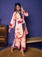 Multicolored Linen Blend Collar Neck With V Abstract Print Co-Ord For Women's