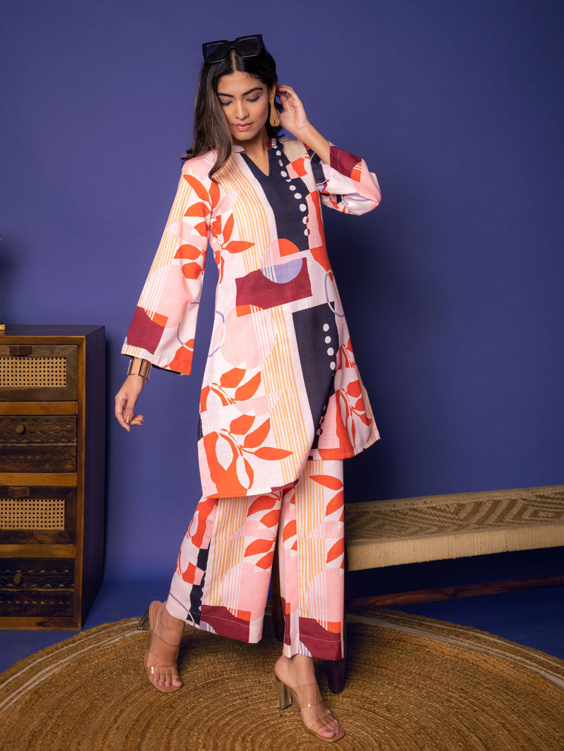 Multicolored Linen Blend Collar Neck With V Abstract Print Co-Ord For Women's