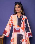 Multicolored Linen Blend Collar Neck With V Abstract Print Co-Ord For Women's