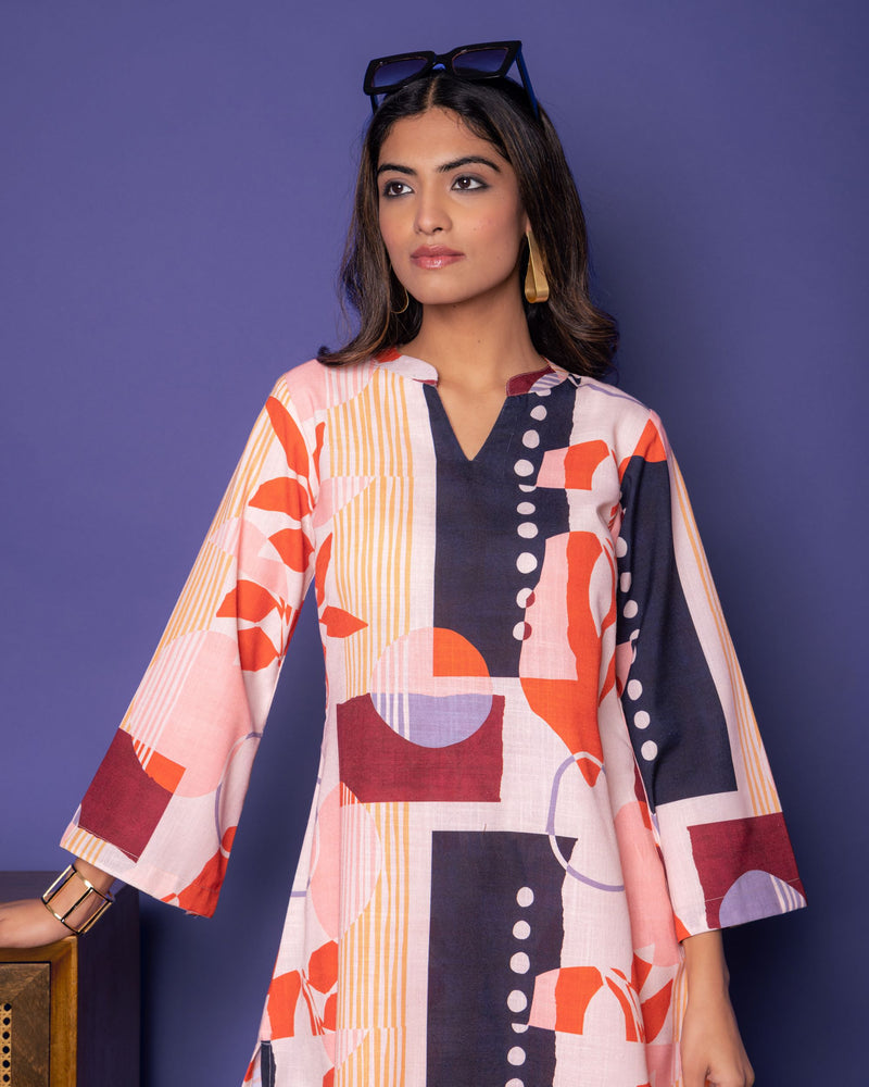 Multicolored Linen Blend Collar Neck With V Abstract Print Co-Ord For Women's