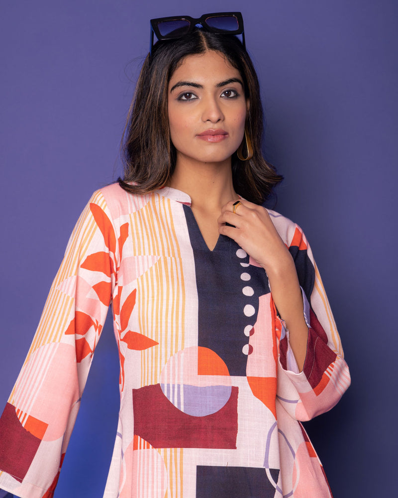 Multicolored Linen Blend Collar Neck With V Abstract Print Co-Ord For Women's