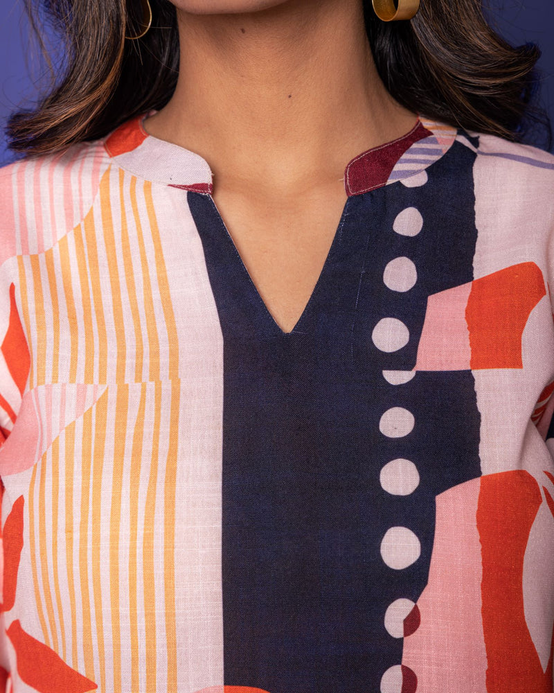Multicolored Linen Blend Collar Neck With V Abstract Print Co-Ord For Women's