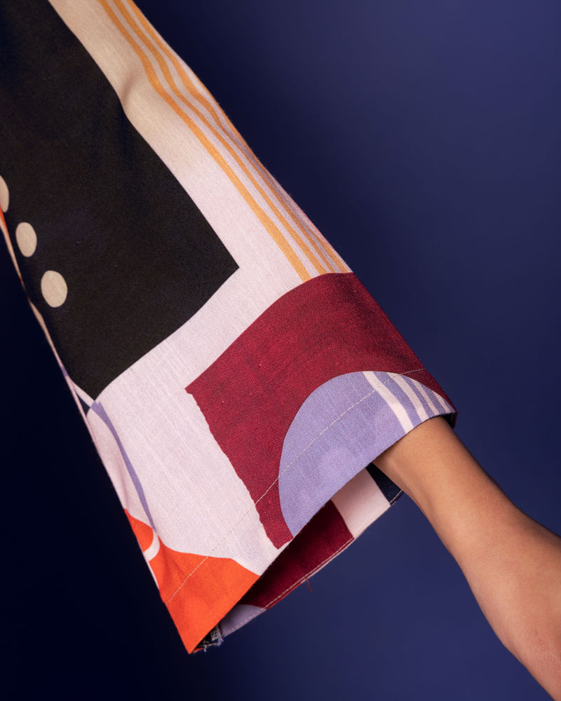 Multicolored Linen Blend Collar Neck With V Abstract Print Co-Ord For Women's