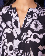 Black Linen Blend Collar Neck With V Abstrack Print Co-Ord Set For Women's