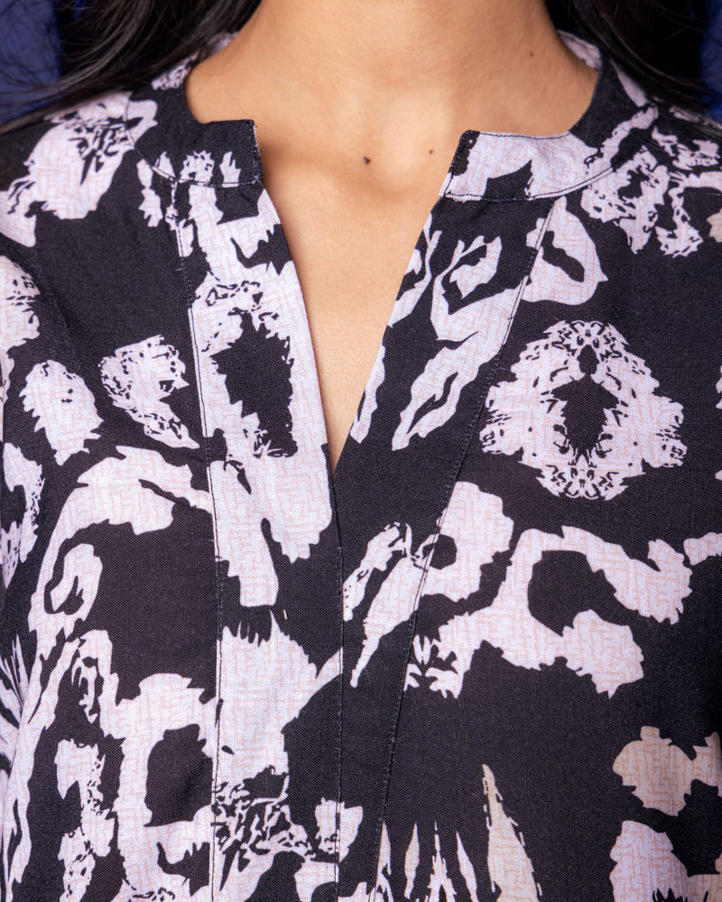 Black Linen Blend Collar Neck With V Abstrack Print Co-Ord Set For Women's