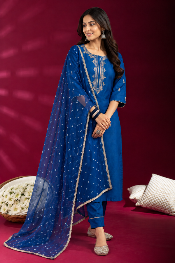 Blue Dupion Silk And Dupatta Gorget Complete Suit Set