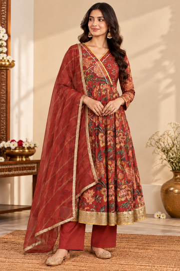 Red Cotton And Dupatta Kota Doriya Complete Suit Set
