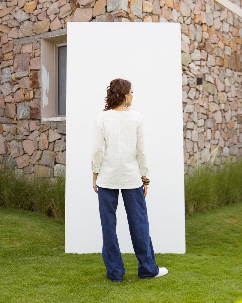 Off-White Cotton Dobby Short Top For Women's