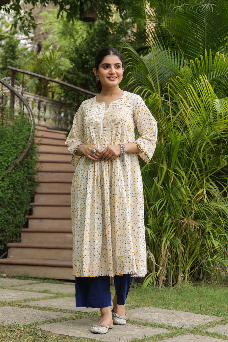 Cream Cotton Handblock Aline Kurta For Women's