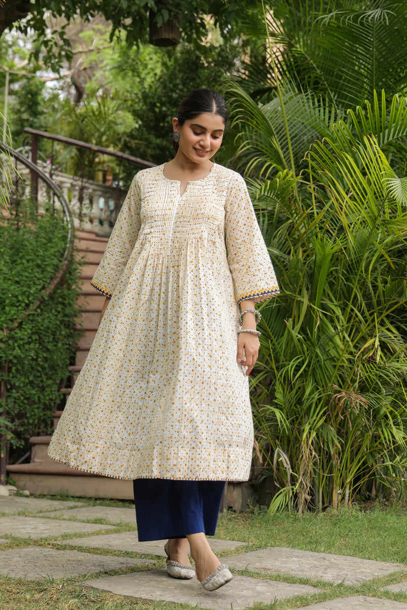 Cream Cotton Handblock Aline Kurta For Women's