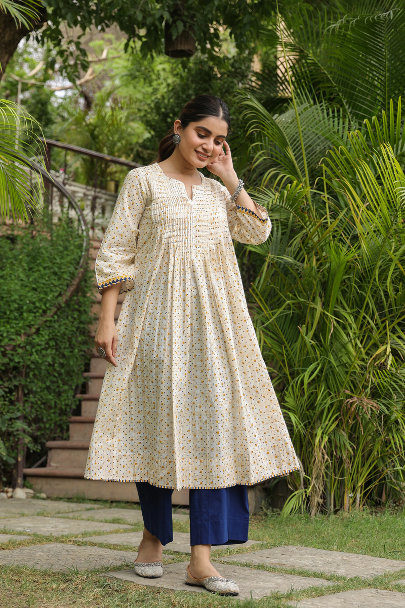 Cream Cotton Handblock Aline Kurta For Women's