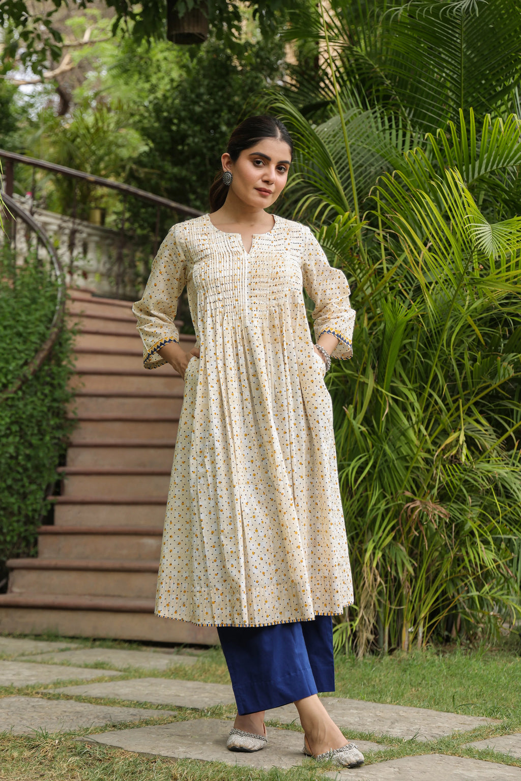 Cream Cotton Handblock Aline Kurta For Women's