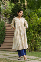 Cream Cotton Handblock Aline Kurta For Women's